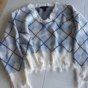 Forever 21 Frayed V-Neck Argyle Sweater in Light Blue and Cream